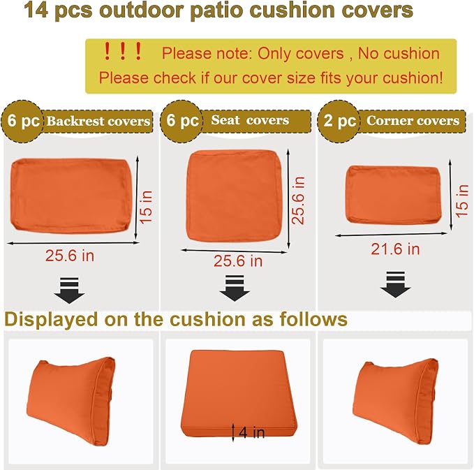 14 Piece Outdoor Patio Cushion Cover Replacement, Waterproof Patio Cushion - Image 2