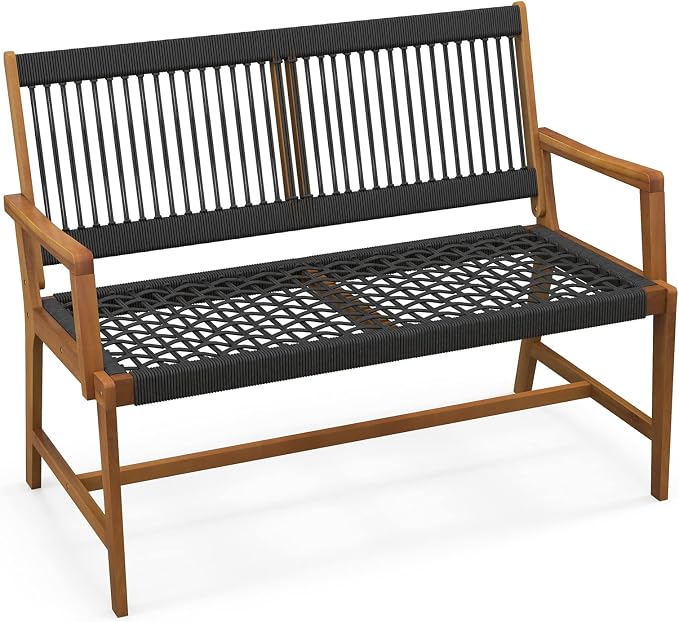 Tangkula Outdoor Acacia Wood Bench, All-Weather Rope Woven Garden Bench by TANGKULA