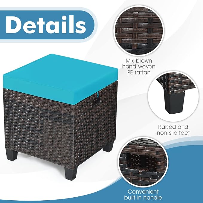 LDAILY Moccha 2 Pieces Patio Outdoor Ottoman, All Weather Rattan Patio Ottoman - Image 4