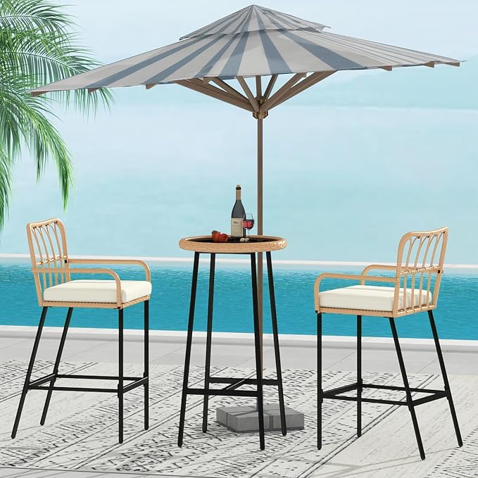 Vikiullf 3 Pieces Patio Bar Table Set, Outdoor Wicker Bar, All Weather Height - Image 5