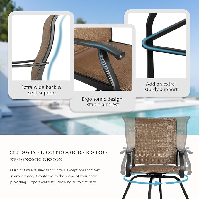 LEVELEVE Patio Bar Set 3pcs Swivel Bar Stools Outdoor Bistro Textilene - Image 5