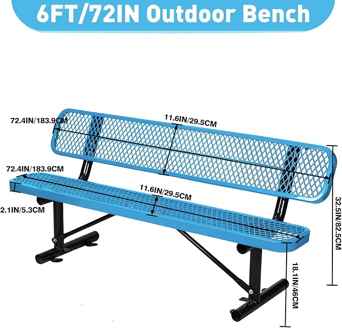 6FT/72INCH Heavy Duty Metal Park Bench - Image 2