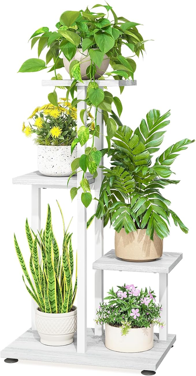 LASZOLA White 4 Tiered Wood Plant Stand Indoor by LASZOLA