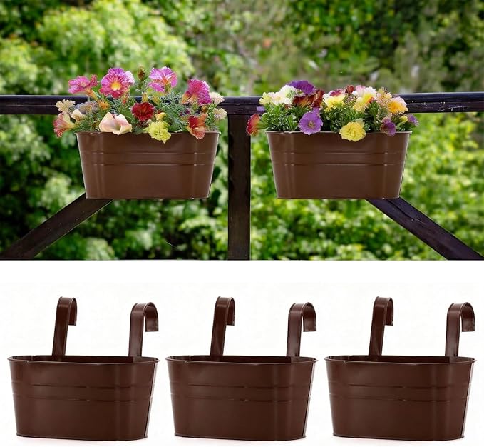 3 Pack Metal Railing Planters, 10.5" Oval Hanging Flower Pots by MeltsetM