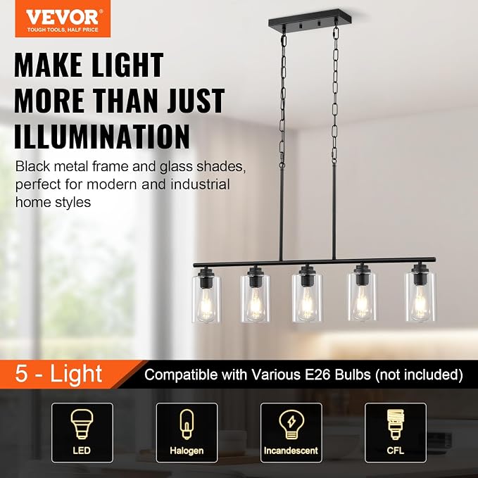 VEVOR 5-Light Kitchen Island Pendant Lights, Adjustable Dining Room Light - Image 2