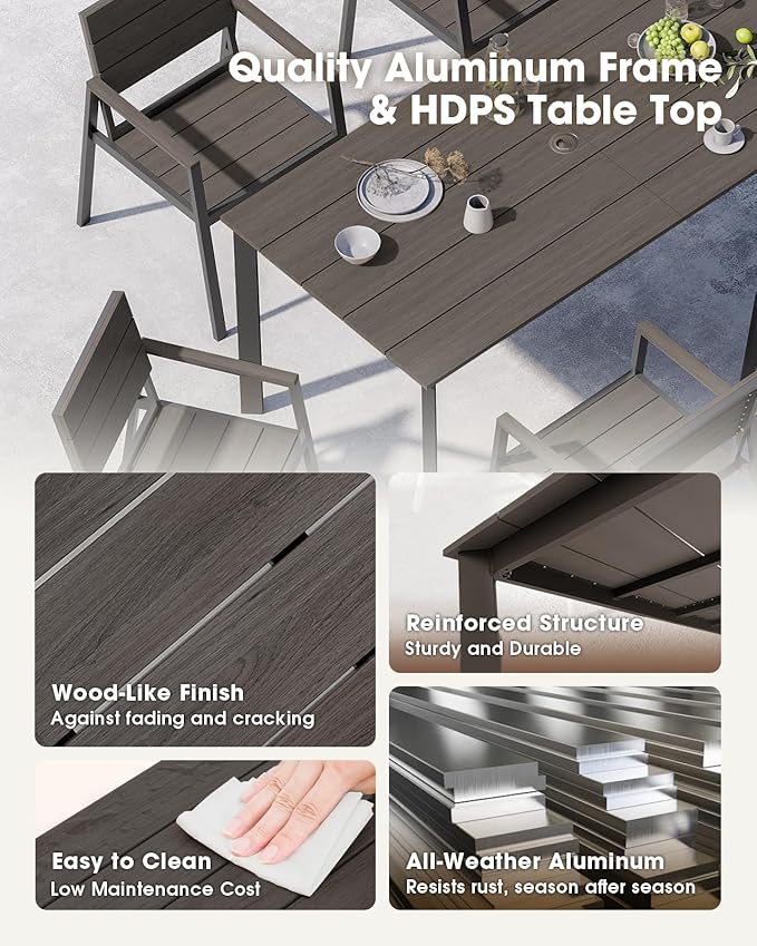 Outdoor Dining Set for 6, Aluminum Patio HDPS Outdooor Table and Chairs Set - Image 3