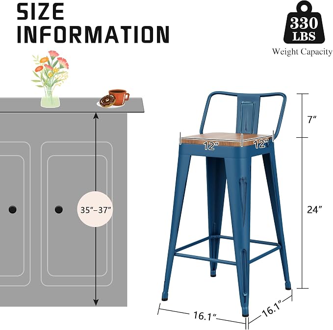 Alunaune 24" Metal Bar Stools Set of 4 Counter Height Barstools, Industrial - Image 2