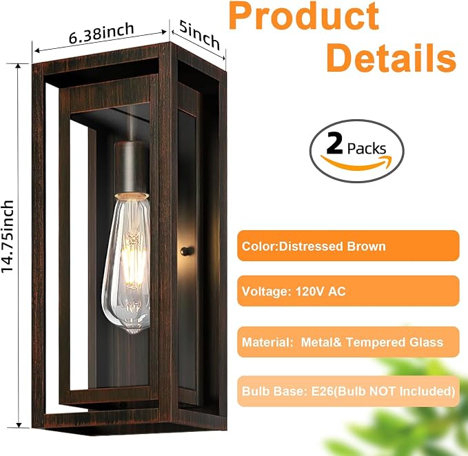 15" Large Outdoor Light Fixture Wall Mount, 2 Pack Distressed Brown Outdoor - Image 4