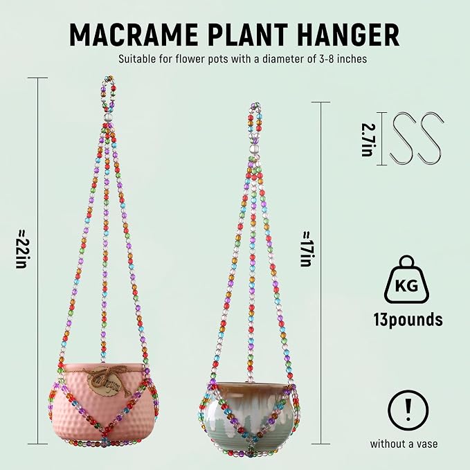 2 Pack Macrame Plant Hanger, Handmade Glass Bead Plant Hanger Colorful - Image 2