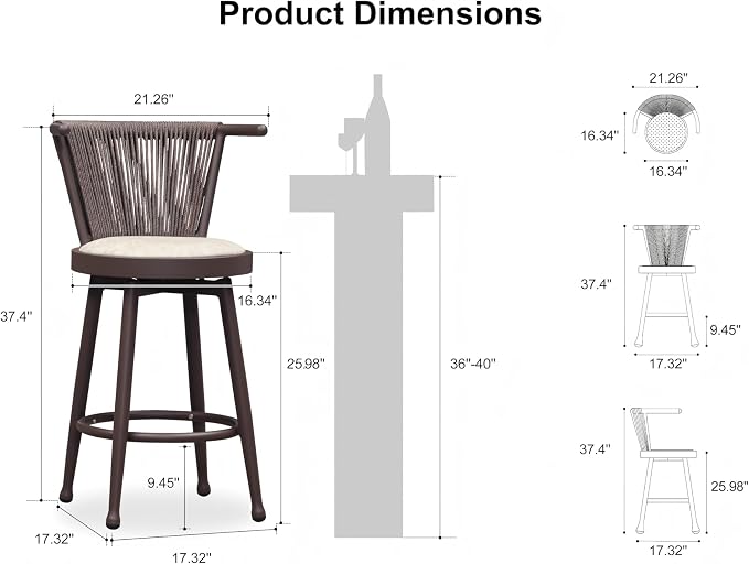 PURPLE LEAF Outdoor Swivel Counter Height Bar Stools Set of 2 Metal Modern - Image 2