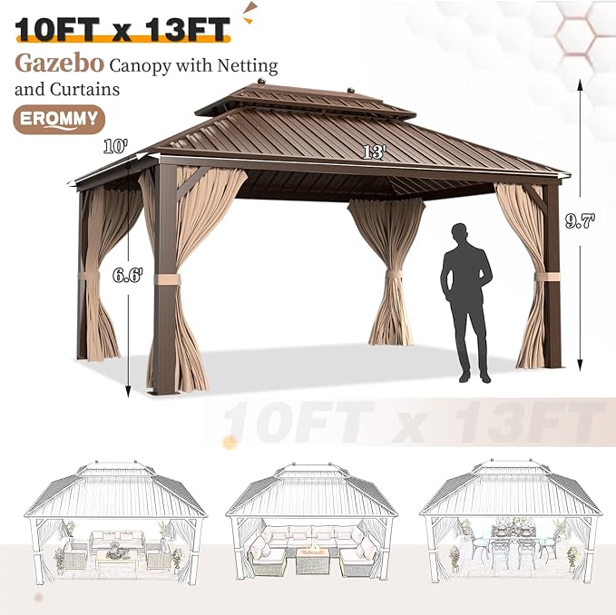 EROMMY 10'x13' Hardtop Gazebo Double Roof Galvanized Steel Canopy Outdoor - Image 2