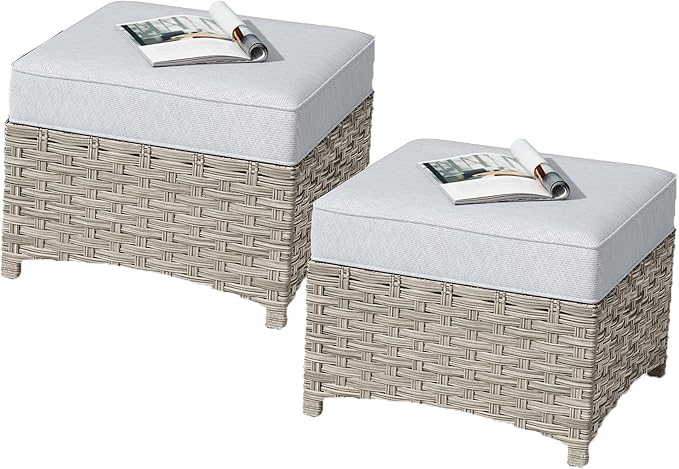 HOOOWOOO 2 Piece Patio Ottoman Set, Outdoor Wicker Ottomans, All Weather by DesignforBetterLife