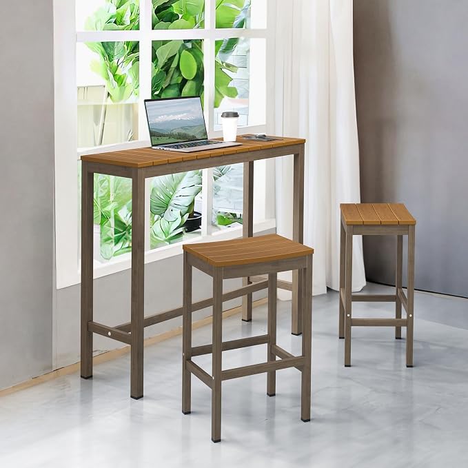 Outdoor Bar Height Table and Chairs Set, 3 Piece Patio Pub Bar Set - Image 2