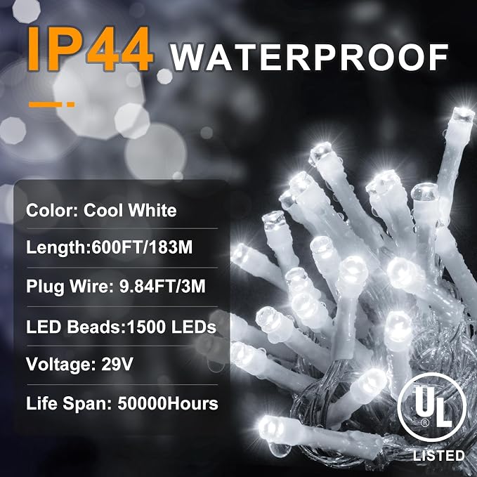KNONEW 600ft 1500 LED String Lights Outdoor Christmas Lights 8 Modes & Timer - Image 4