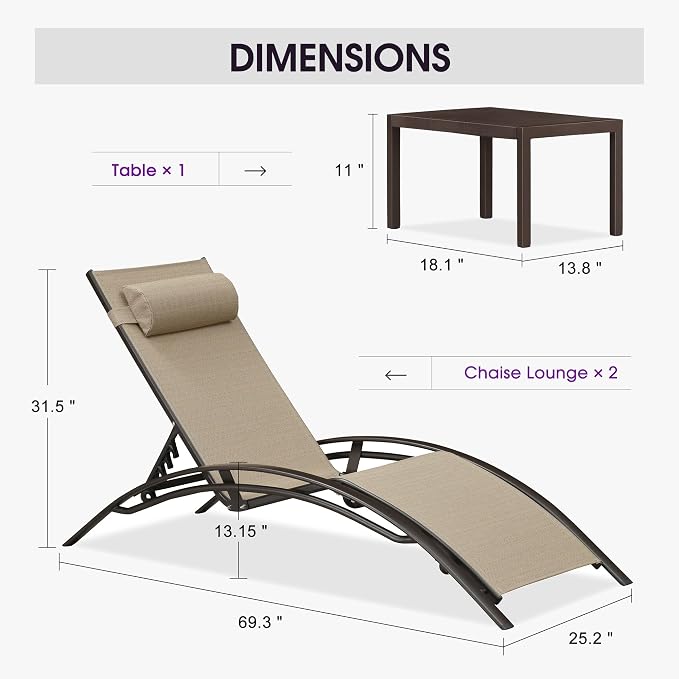 PURPLE LEAF Outdoor Chaise Lounge Chair Set of 3 Patio Pool Lounger Bronze - Image 2