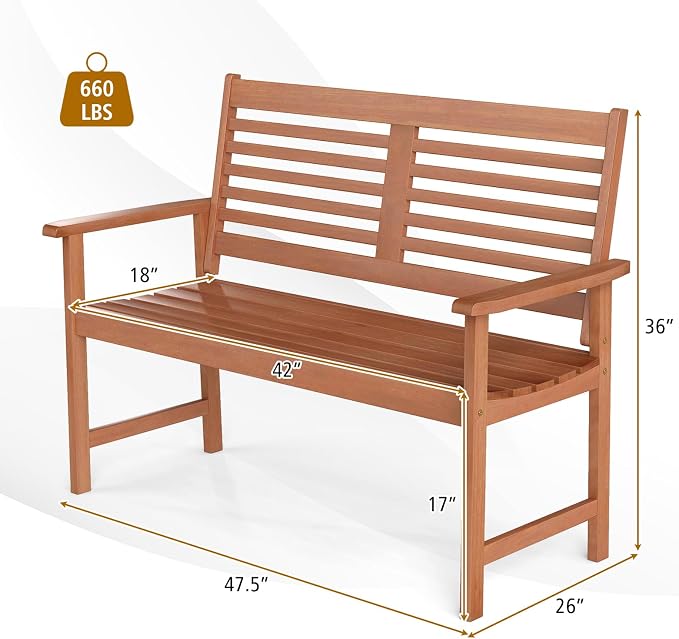 Tangkula Wood Outdoor Bench, 2-Person Patio Bench - Image 3