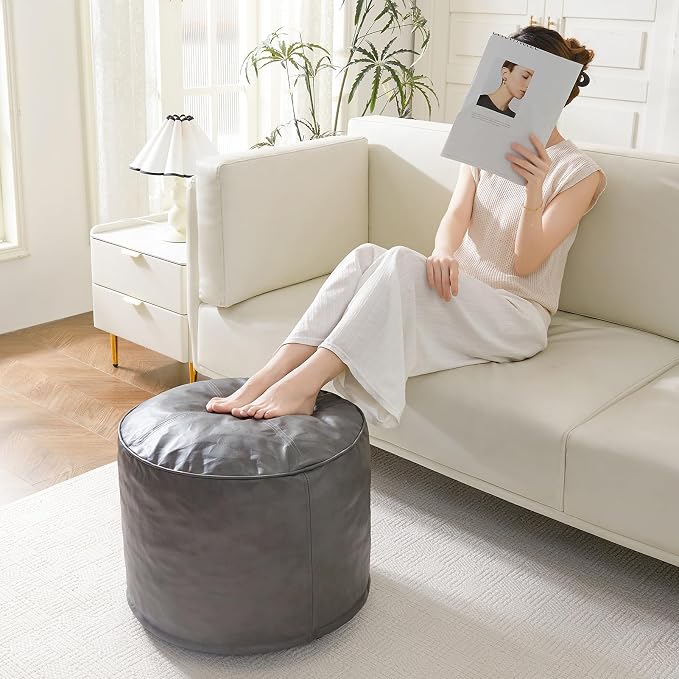 HIGOGOGO Round Stuffed Pouf Ottoman, Pu Leather Poufs - Image 7