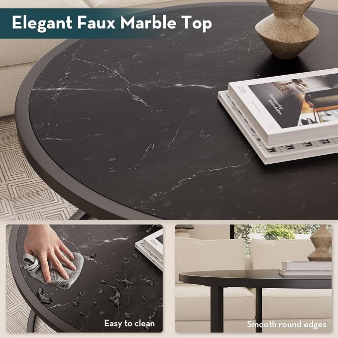 SAYGOER Black Coffee Table Round Marble CoffeeTables - Image 4