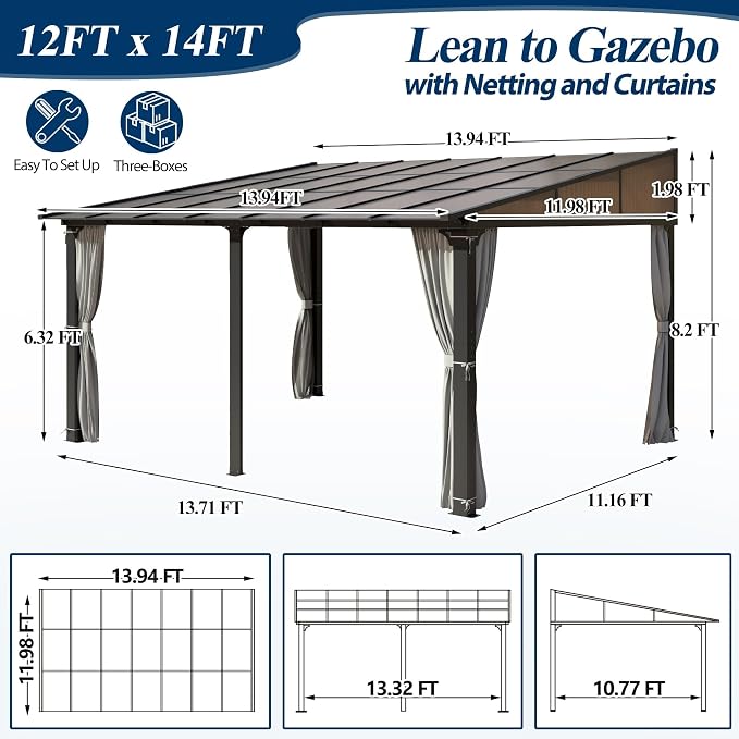 COVERONICS 12' x 14' Aluminum Frame Lean-to Gazebo, Wall-Mounted Polycarbonate - Image 2