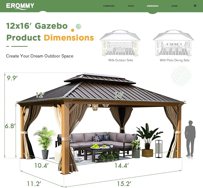 EROMMY 12'x16' Hardtop Gazebo, Wood Grain Aluminum Frame Outdoor Gazebo - Image 4