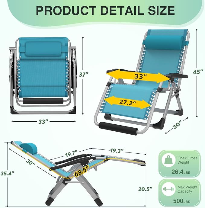 Suteck Oversized Zero Gravity Chair, 33In XXL Lounge Chair w/Removable - Image 2