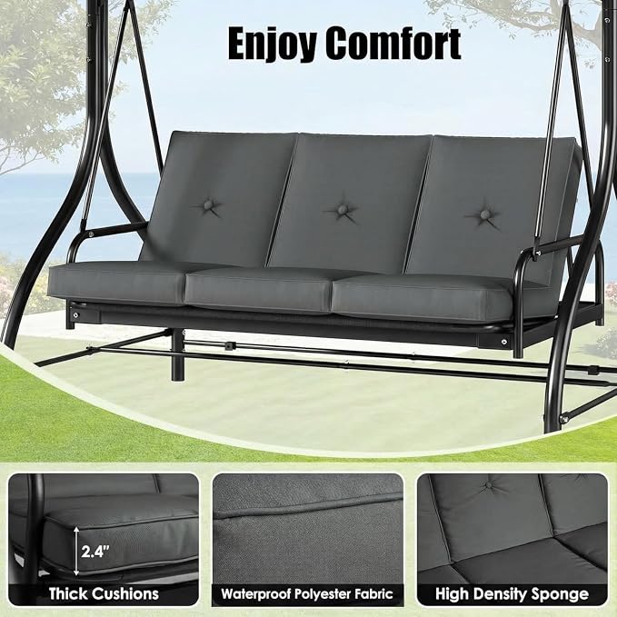 MAMIZO 3-Seat Patio Swing with Adjustable Canopy & Backrest, Outdoor Porch - Image 6