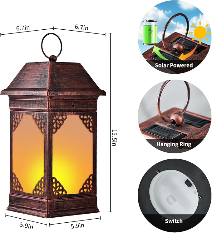 15.5" Solar Lanterns Outdoor Waterproof, Glass Flickering Flame Solar Lantern - Image 2