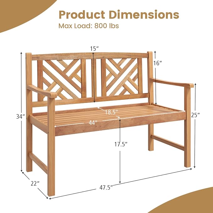 COSTWAY Outdoor Wooden Bench, Outdoor Acacia Wood Loveseat - Image 3