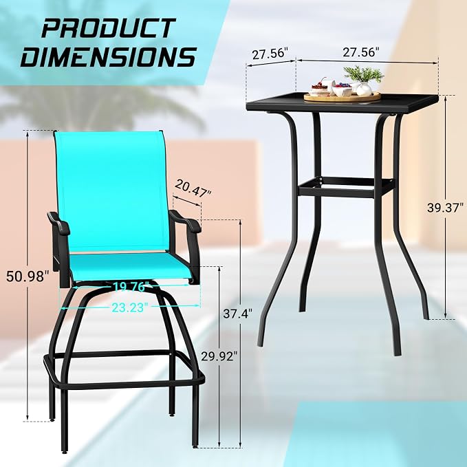 LEVELEVE Patio Bar Set 2pcs Swivel Bar Stools Outdoor Bistro Textilene - Image 2