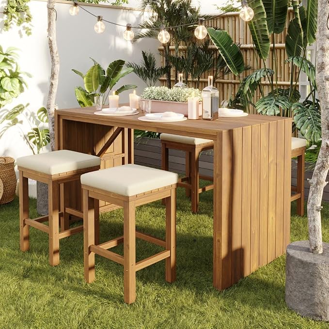 5 Piece Outdoor Bar Set, Patio Acacia Wood Bar Height Table & Four Stools by Unknown