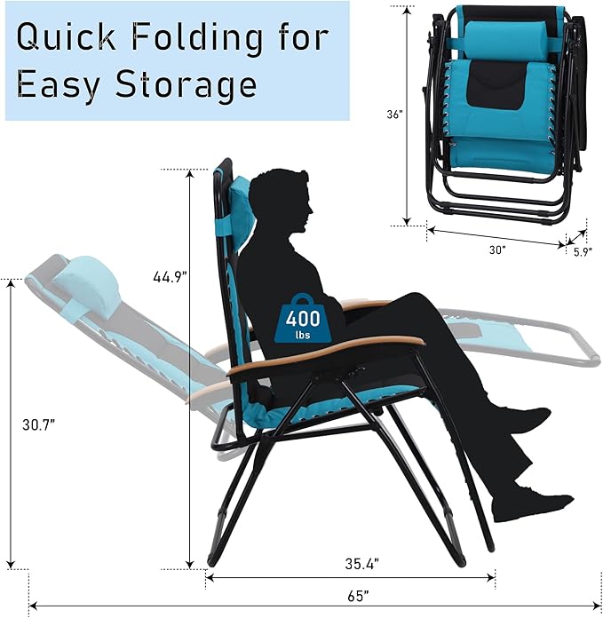 PHI VILLA XXL Oversized Padded Zero Gravity Chair Set of 2, Foldable Patio - Image 3