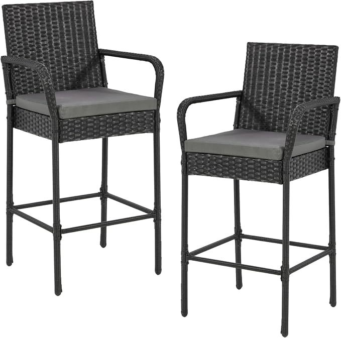 ECOTOUGE Set of 2 Patio Rattan Barstools, All-Weather Wicker Bar Height Chairs by ECOTOUGE