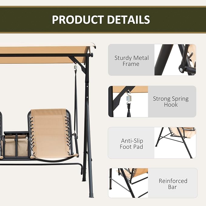 Outsunny 2-Seat Patio Swing Chair, Outdoor Canopy Swing Glider - Image 6