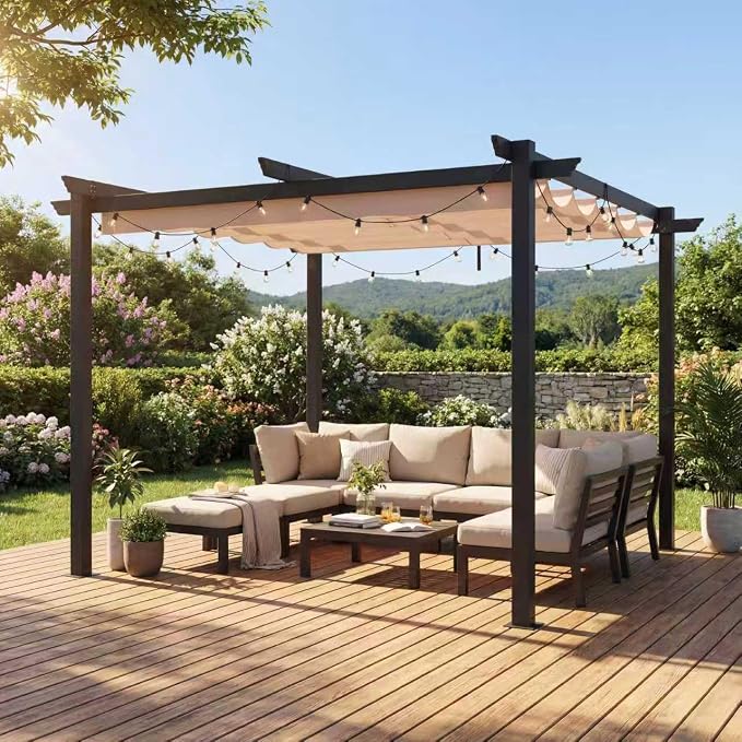 MELLCOM Retractable Pergola 10x10 Ft, Upgraded Sun Shade by MELLCOM