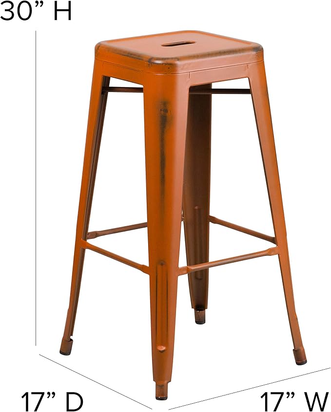 Flash Furniture Kai Commercial Grade 30" High Backless Distressed Orange Metal - Image 3