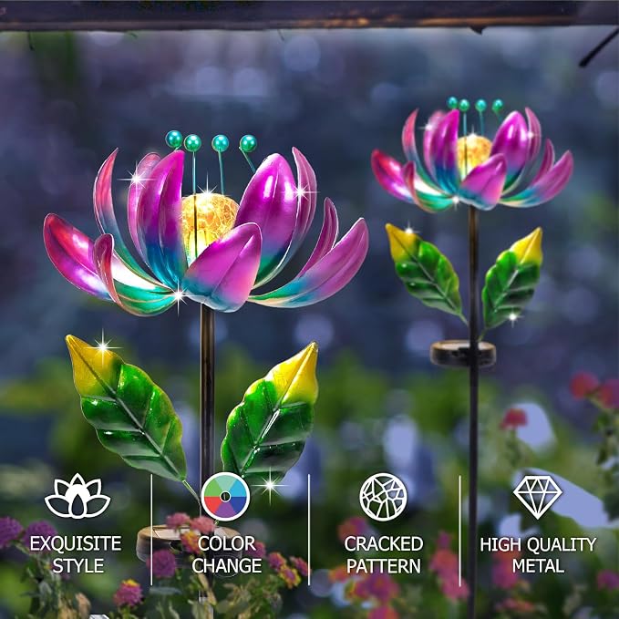 Solar Purple Metal Flower Wind Spinners, Colorful Spinning Windmill Lotus Yard - Image 2
