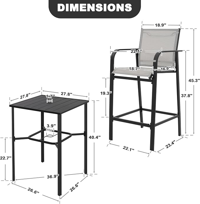 NUU GARDEN 5 Piece Outdoor Patio Bar Set, Textilene High Bar Stools, Square Bar - Image 9