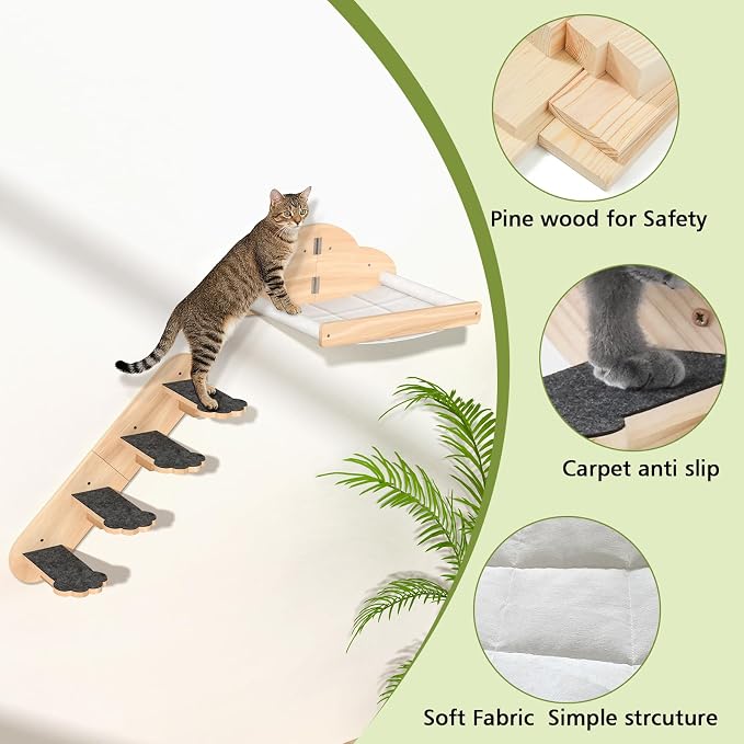 Wall Mounted Cat Hammock with 3 Climbing Steps, Pine Wood Cat Climbing Shelves - Image 3