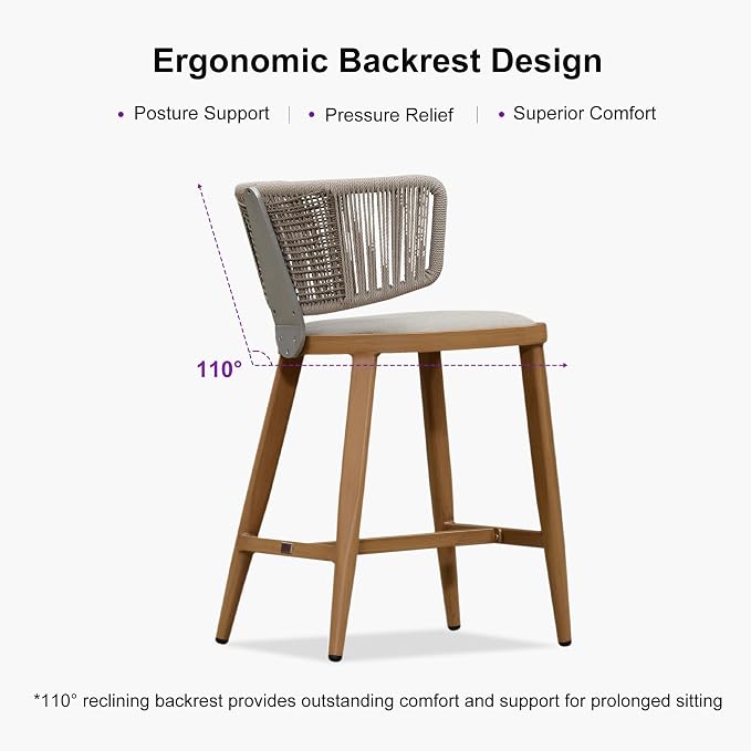 PURPLE LEAF Outdoor Counter Height Bar Stool Set of 2 Modern Rattan Bar Chairs - Image 2