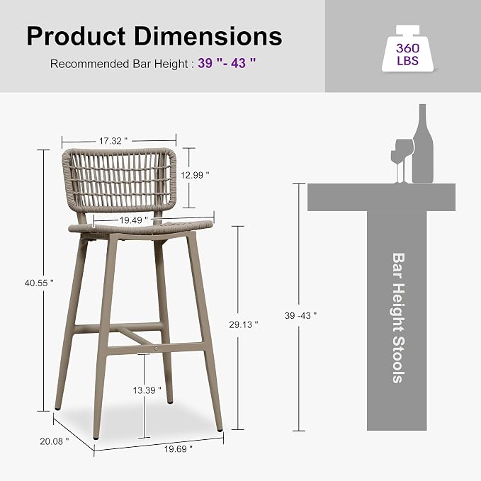 PURPLE LEAF Bar Stools Set of 4 Patio Wicker Bar Height Metal Chairs Boho High - Image 3