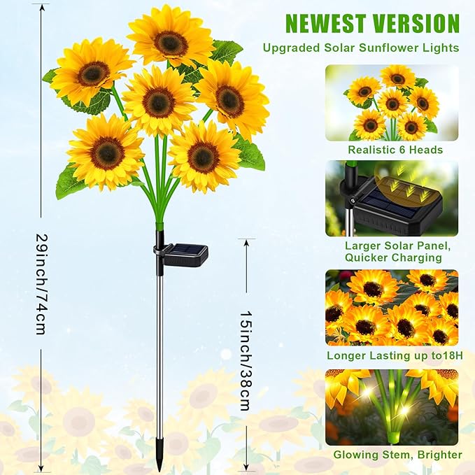 Sunflower Solar Lights Outdoor Decor, 6 Pack Solar Garden Decor Waterproof - Image 2