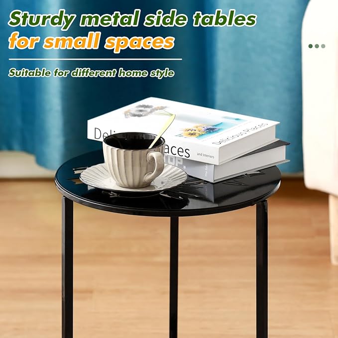 Party Zealot Set of 2 Small Round Metal Side Tables, 13-Inch Black Outdoor End - Image 4