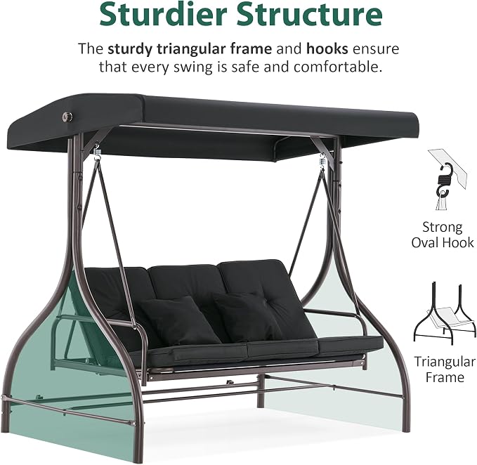MCombo 3-Seat Outdoor Patio Swing Chair, 2-in-1 Convertible Porch Swing Glider - Image 7