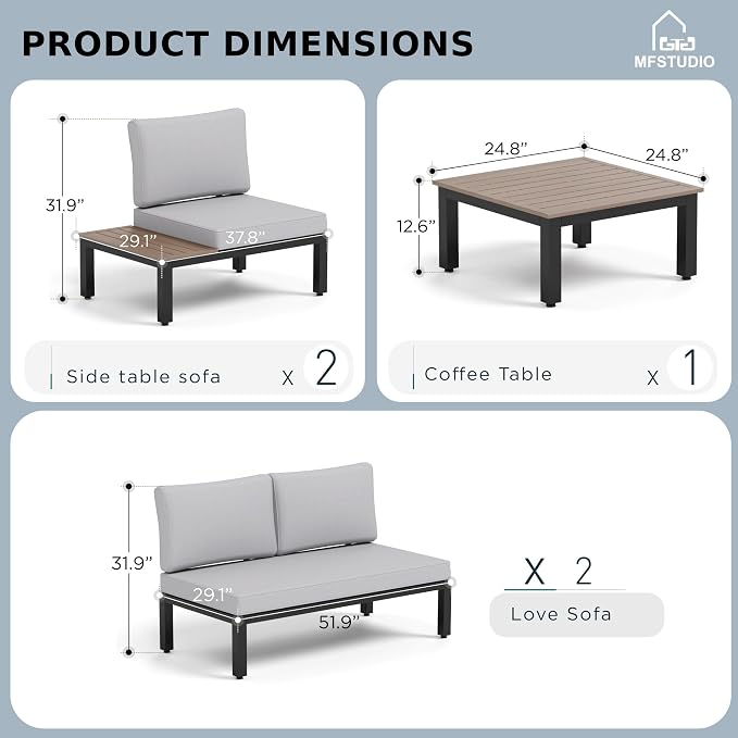 MFSTUDIO 5 Pieces Patio Furniture Set, Outdoor Metal Frame Patio Sectional Sofa - Image 9
