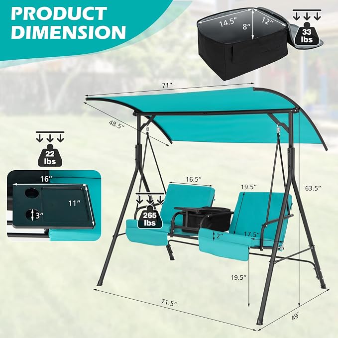 Tangkula 2 Person Porch Swing, Pivot Storage Table, Cooler Bag, 2 Cup Holders - Image 4