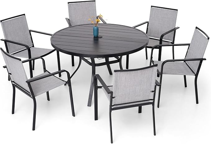 7-Piece Outdoor Patio Dining Set, 6 Stackable Chairs and 48'' Round Table by Anmutig