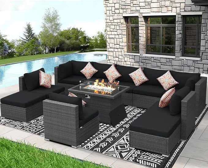 NICESOUL 11 Piece Outdoor Furniture Set w/Fireplace, Luxury Patio Sectional - Image 2
