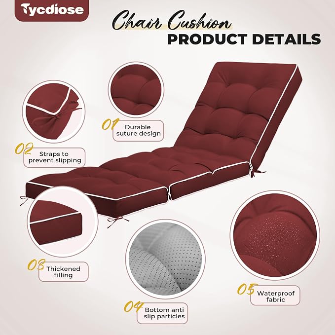 Outdoor Chaise Lounge Chair Cushion, Waterproof Non-Slip Patio Chaise Lounge - Image 5