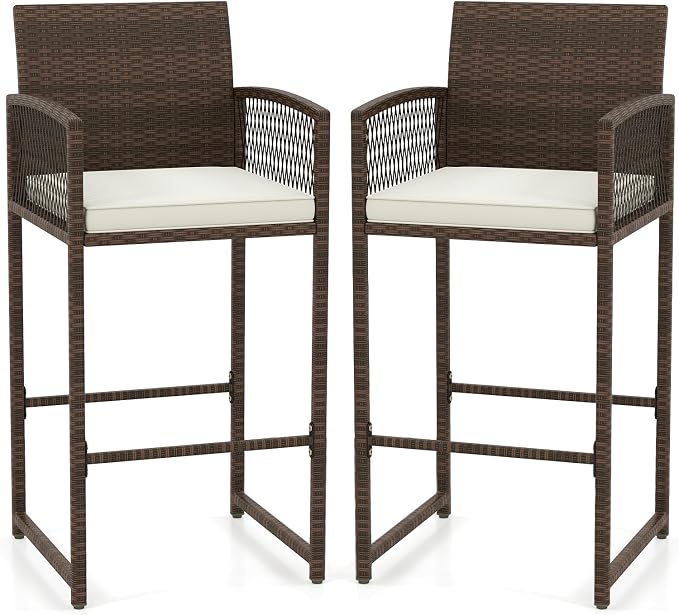 Tangkula Patio Bar Stools Set of 2, PE Rattan Bar Height Chairs by TANGKULA