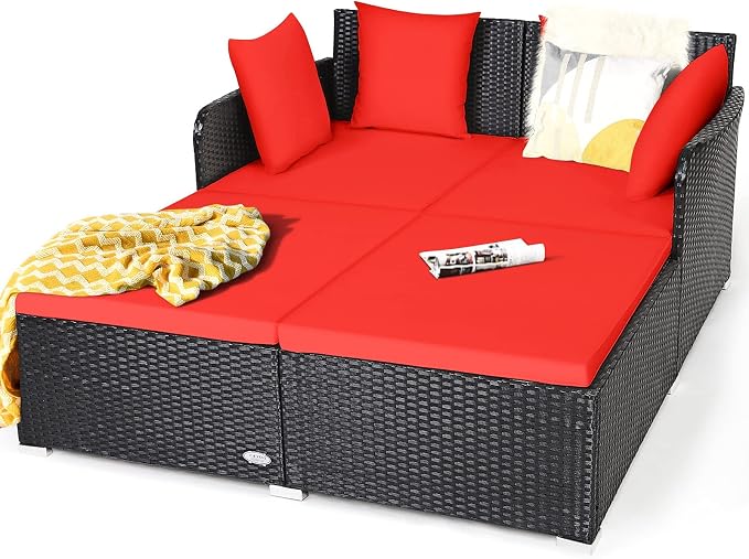HAPPYGRILL Outdoor Rattan Daybed Patio Loveseat Sofa Set by HAPPYGRILL
